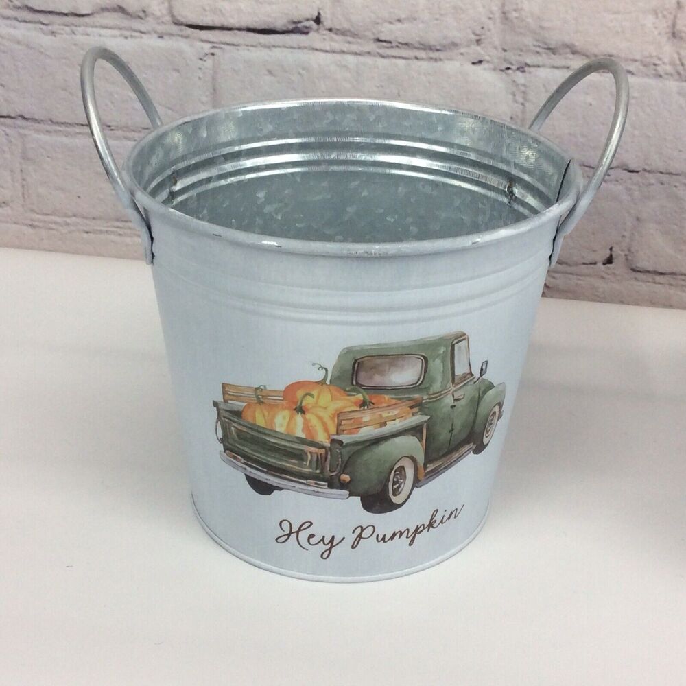 Hey Pumpkin Fall Metal Galvanized Bucket w/Truck Farmhouse Style Decor Set of 2 - Picture 2 of 7